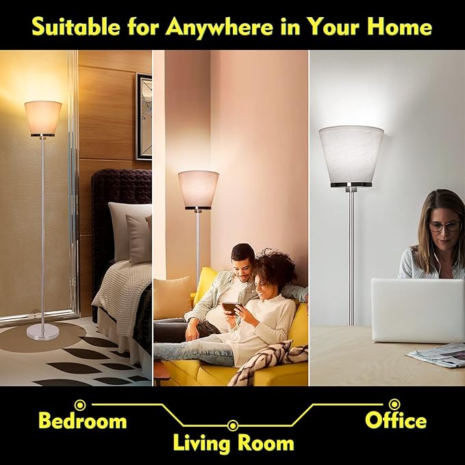 RUNTOP Floor Lamps for Living Room, Floor Lamp for Bedroom, Office, Tall Modern Standing Lamp, LED Floor Lamp with Foot Switch, 3 Color Temperatures 2700k 4000k 5000K, 9W LED Bulb, Linen Lampshade