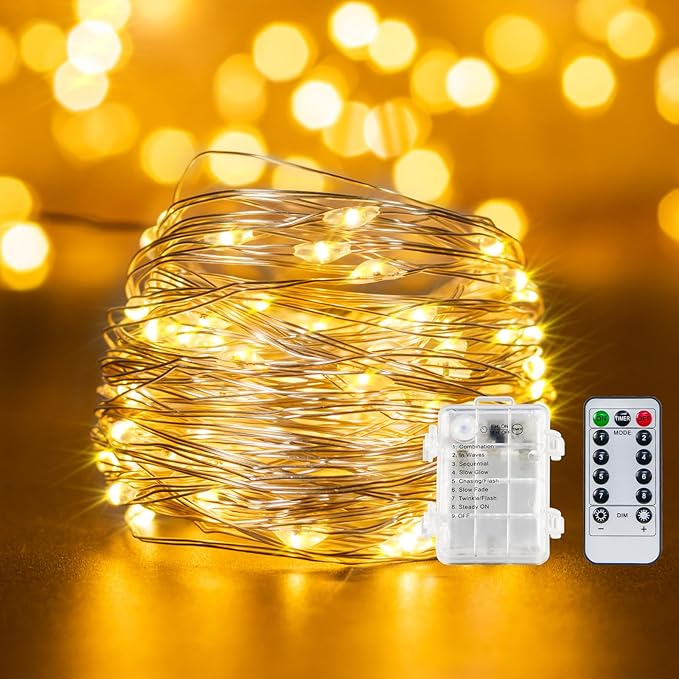 TingMiao Fairy Lights Battery Operated String Lights with Remote Control Timer, 33Ft 100 LED Waterproof 8 Modes Copper Wire Warm White Twinkle String Lights for Christmas (Warm White, 1 Pack)
