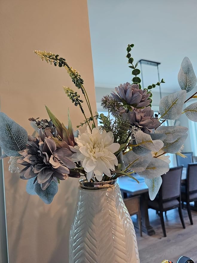 Fake Artificial Flowers Bouquet for Decoration, Silk Floral Arrangements Faux Flowers Plant Wedding Bride Bouquets Tables Centerpieces for Rustic Home Decor Indoor Vase Floral Table Decor (Blue White)