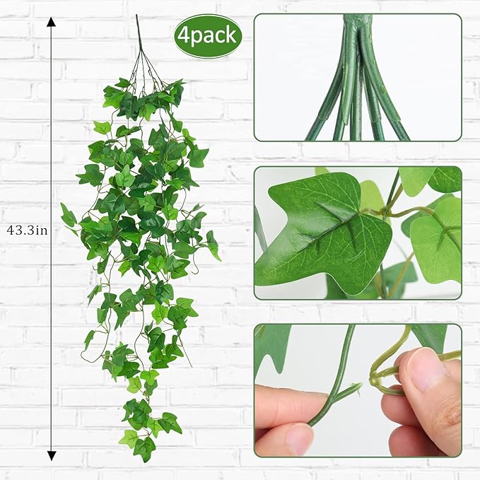RECUTMS Fake Vines 4pcs Artificial Ivy Hanging Plant Silk Leaves Faux Greenery Garland for Room Indoor Outdoor Garden Door Wall Baskets Wedding Party Table Balcony Decor