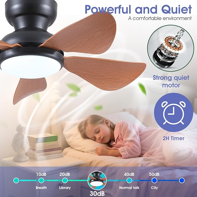 32 Inch Modern Ceiling Fans with Lights, Small Flush Mount Ceiling Fan with Light and Remote/APP Control, 5 Reversible 6 Speeds Curved Blades, 3 CCT Dimmable Lights for Kids Room, Brown