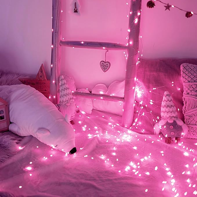suddus Pink Solar String Lights for Outside, 2 Pack Total 66ft 200 Led Pink Fairy Light Outdoor, 8 Modes Solar Twinkle Light for Halloween Decor, Fence, Patio, Yard, and Party