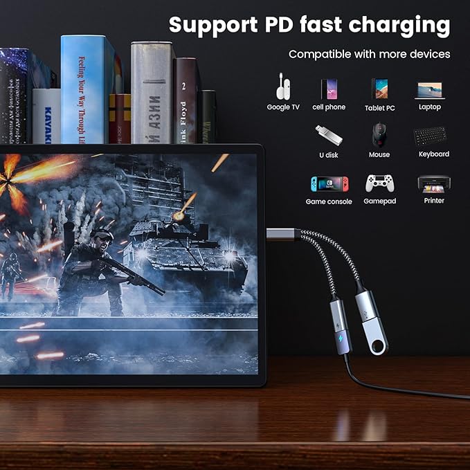 USB C OTG with Charging OTG adapter Type C OTG Splitter with 60W PD Fast Charge Compatible for steam deck,Galaxy S26,Switch,Google Chromecast with Google TV,Onn TV 4k Plus,Pi-KVM,3D Printer,Octa4a
