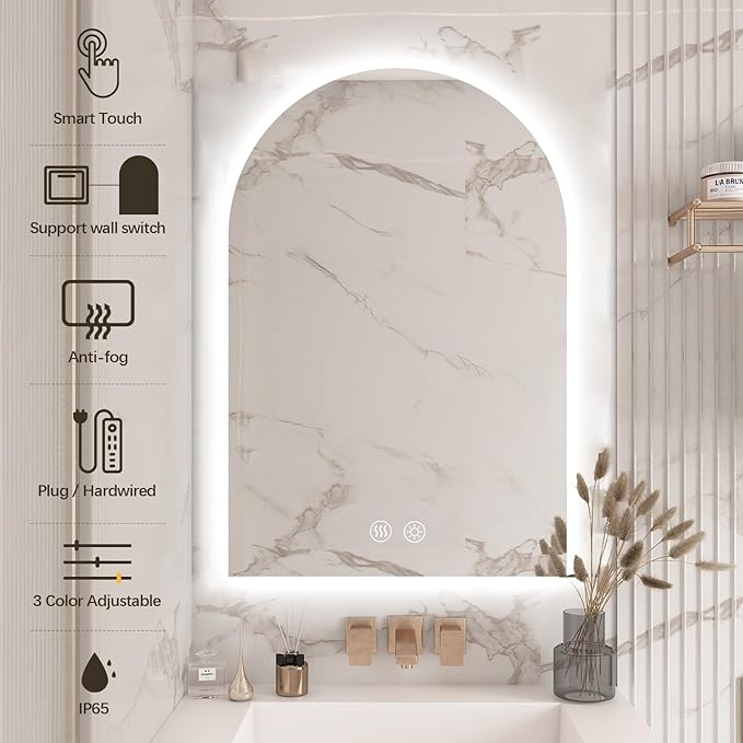 Niccy Arched LED Bathroom Mirror, 51x27 Inch Arch Frameless Backlit Mirrors for Wall Arched Lighted Vanity Mirrors Defogger and 3 Color, Explosion-Proof, HD Glass and IP65 Waterproof