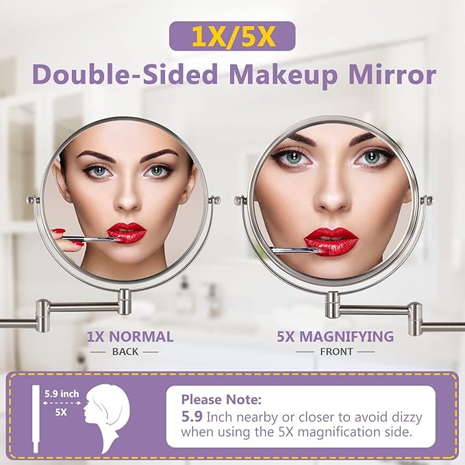 Wall Mounted Makeup Mirror, 1X/5X Magnifying Mirror Double Sided, 8 Inch Extendable Bathroom Mirror for Shaving, Nickel