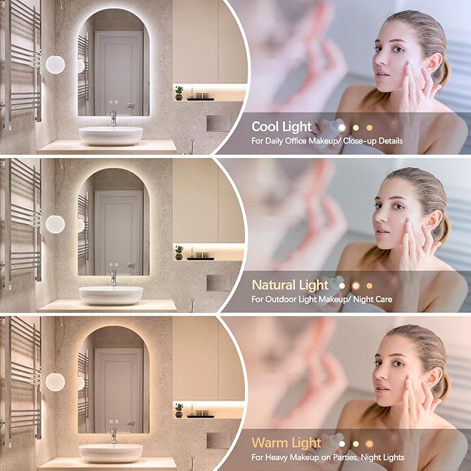 Niccy Arched LED Bathroom Mirror, 40x24 Inch Arch Frameless Backlit Mirrors for Wall Arched Lighted Vanity Mirrors Defogger and 3 Color, Explosion-Proof, HD Glass and IP65 Waterproof