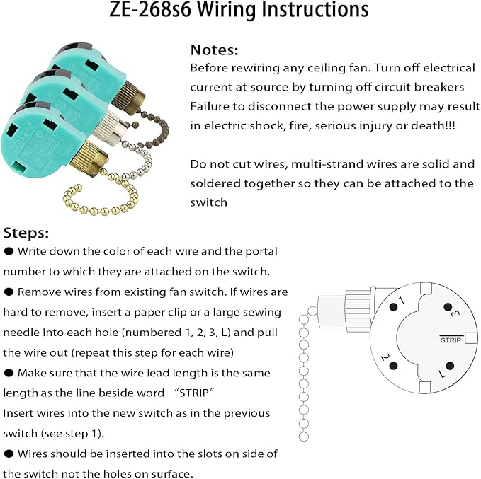 Ceiling Fan Switch ZE-268S6 3 Speed 4 Wire for Ceiling Fan Light Lamps and Wall Lights Pull Chain Switch Replacement On-Off with Pull Chain,1 Pack