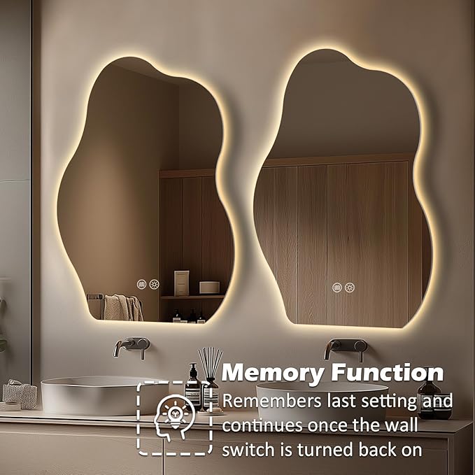 LED Bathroom Mirror with Lights 24x32, Stepless Dimmable Irregular LED Mirror with 3 Colors, Anti-Fog, Memory, Al-Alloy Lampshade, Frameless Makeup Mirror for Bathroom (Vertical Only)