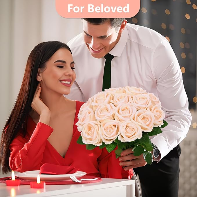 BLEUM CADE 50 Pcs Champagne Roses Artificial Flowers, Real Touch Velvet Roses Fake Flowers Bulk, Artificial Roses Bouquet with Long Stems Bridal DIY Wedding Party Centerpiece Decorations