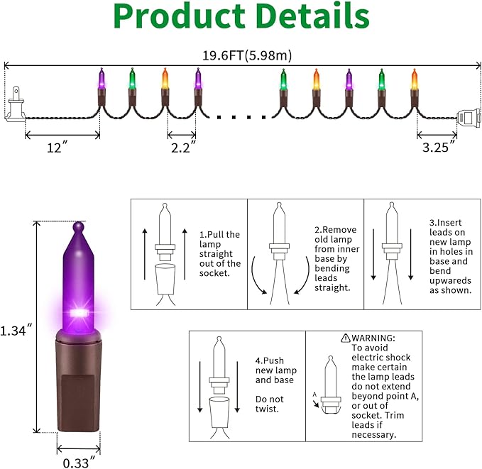 LAMPHOME Super-Bright Extendable Orange Purple and Green halloween Lights Decoration 100Lights 19.6ft UL Certified Mini Bulb String Lights Set for Outdoor Halloween Christmas Tree Garden Holiday Decor