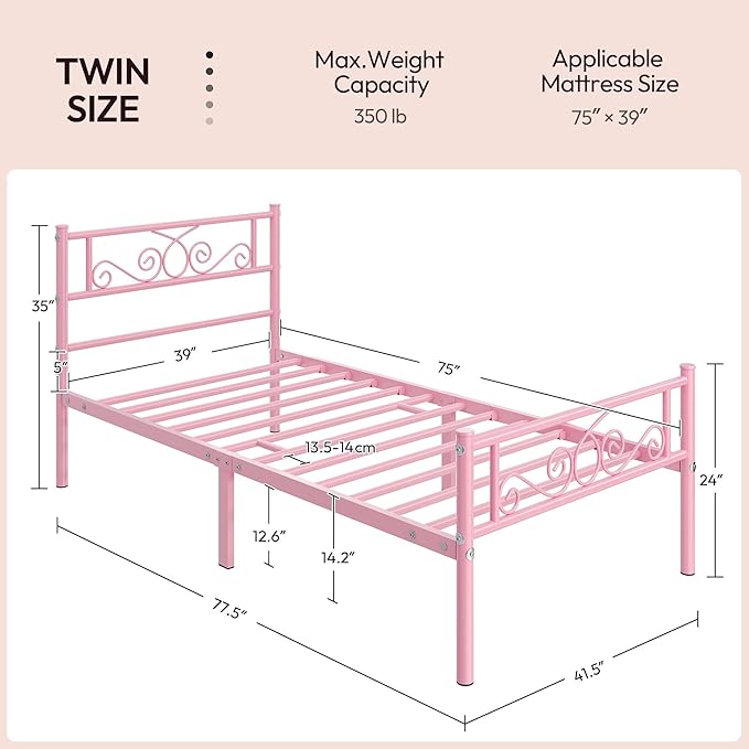 Yaheetech Twin Bed Frames Metal Platform Bed with Headboard and Footboard No Box Spring Needed Easy Assembly,Under-Bed Space: 12.6''/Pink/Twin Bed