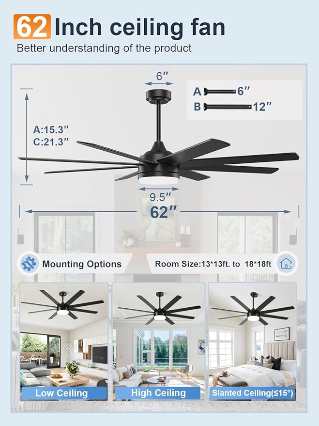 YUHAO 62 Inch Black Ceiling Fan with Light and Remote Control.Noiseless,Dimmable,3CCT,6 Speeds Reversible, DC Ceiling Fans for Indoor or Covered Outdoor