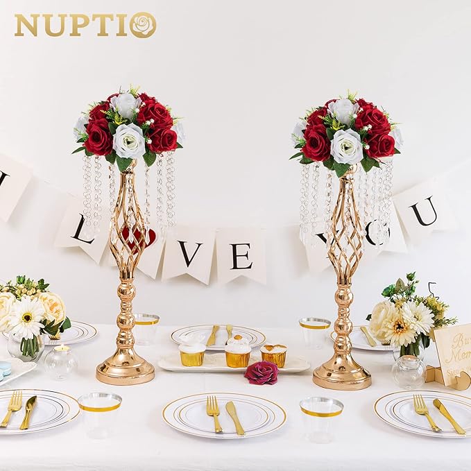 NUPTIO Artificial Flower Centrepieces for Tables - 6 Pcs Crimson & White Fake Flowers Roses Balls 9.5in Diameter - Silk Faux Rose Arrangement for Wedding Party Centerpiece Table Decorations