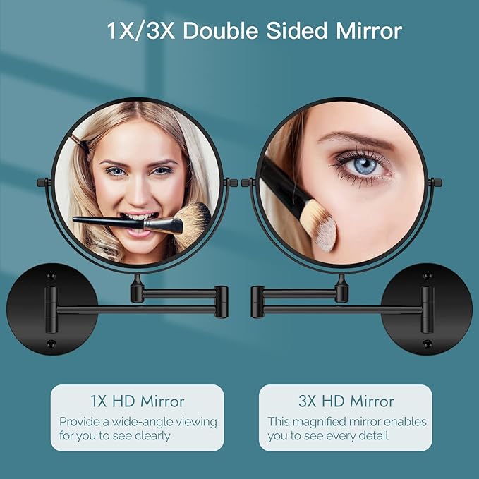 gotonovo Wall Mounted Magnifying Mirror Pivoting Arm Double Sided Swivel Makeup Vanity Black Telescoping Handheld Mirror 8 Inch Magnification Round Base