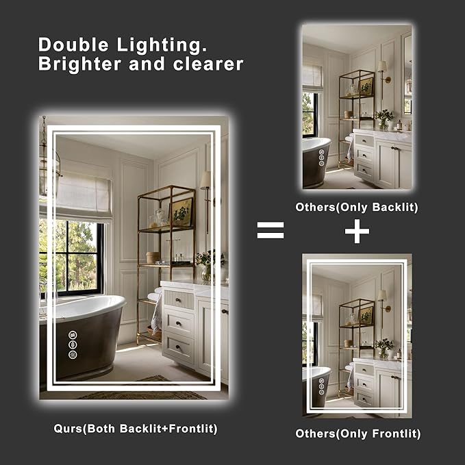 60''x36'' Lighted Mirrors for Bathroom Wall Backlit + Front Lit, Rectangular LED Bathroom Mirror Frameless with Lights Anti Fog, Dimmable, 3 Colors,Tempered Glass, Shatter-Proof (Color 1