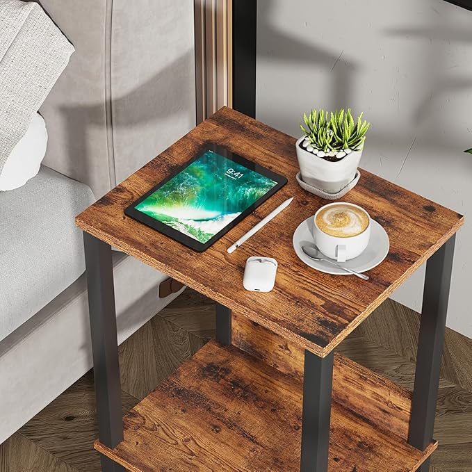 End Table, Side Table, Set of 2, Nightstands with 2-Tier Storage Shelves, Sofa Table for Small Space, Coach Table for Living Room Bedroom, Rustic Brown UTBT101F2