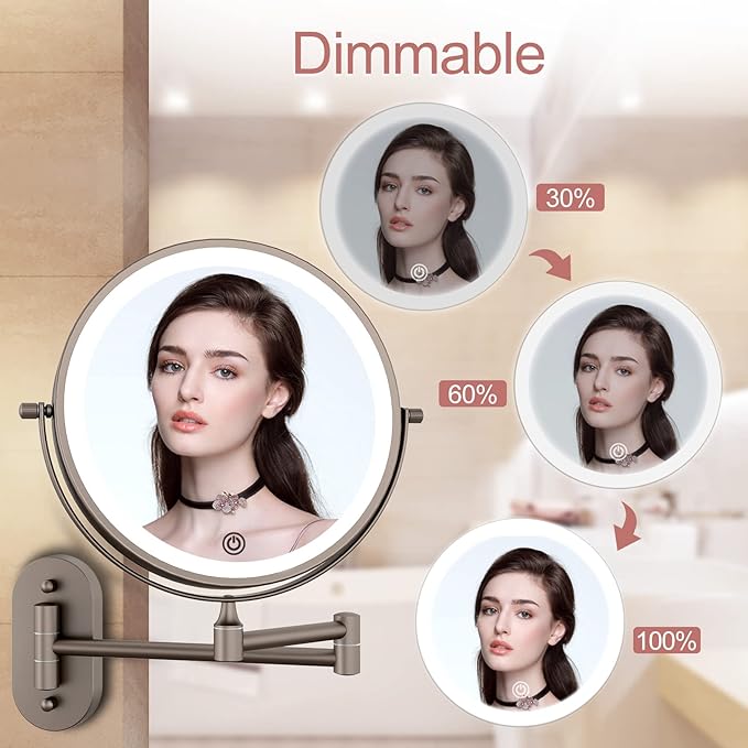 FASCINATE Rechargeable Wall Mounted Lighted Vanity Mirror 8 Inch 1X/10X Magnifying Makeup Mirror with 3 Color Lights, Double Sided Dimmable, 360 Degree Screen Touch,Bathroom Shaving Mirror (GunBlack)