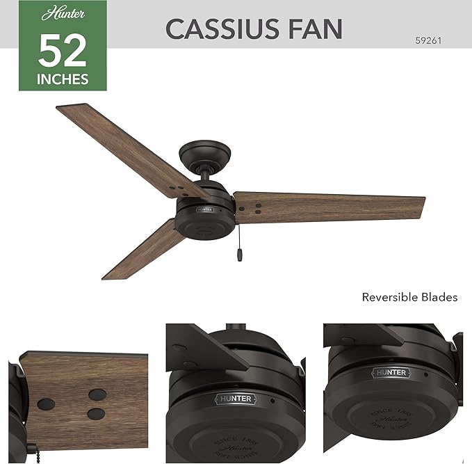 Hunter 52 inch Outdoor or Indoor Ceiling Fan No Light - Bronze Ceiling Fan without Light, For Patio, Porch, Garage, or Living Room, Standard Mount, 3 Blades, Pull Chain - Cassius 59261, New Bronze