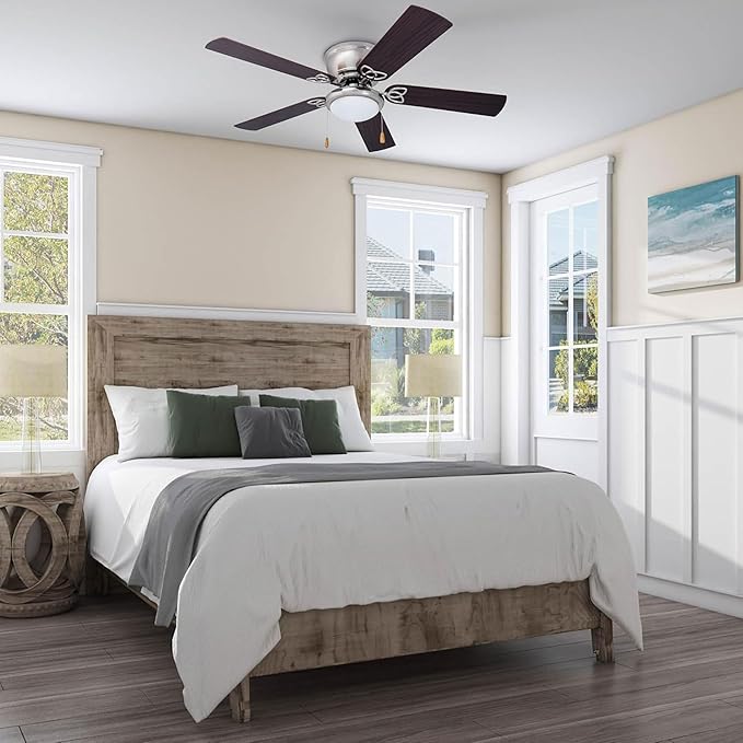 Prominence Home Benton Traditional 52 Inch Ceiling Fan with Light, LED Flush Mount Ceiling Fan, Indoor Fan with 5 Blades, Brown Walnut and Brown Maple Blade Finish Options, Brushed Nickel (51428-01)