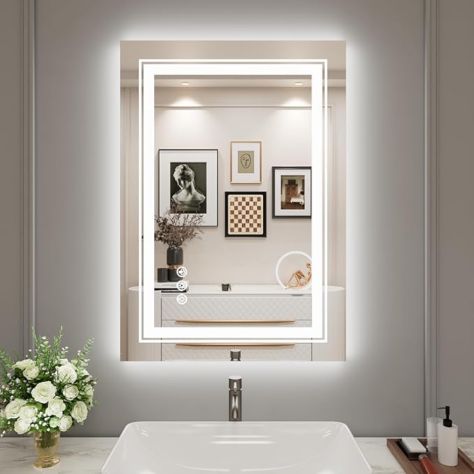 LED Mirror for Bathroom, 20"X28" with 8 RGB Backlit +3 Front Lit (Adjustable Individually), Anti-Fog, Lighted Bathroom Vanity Mirror for Wall, Shatterproof, Memory Function, Tempered Glass