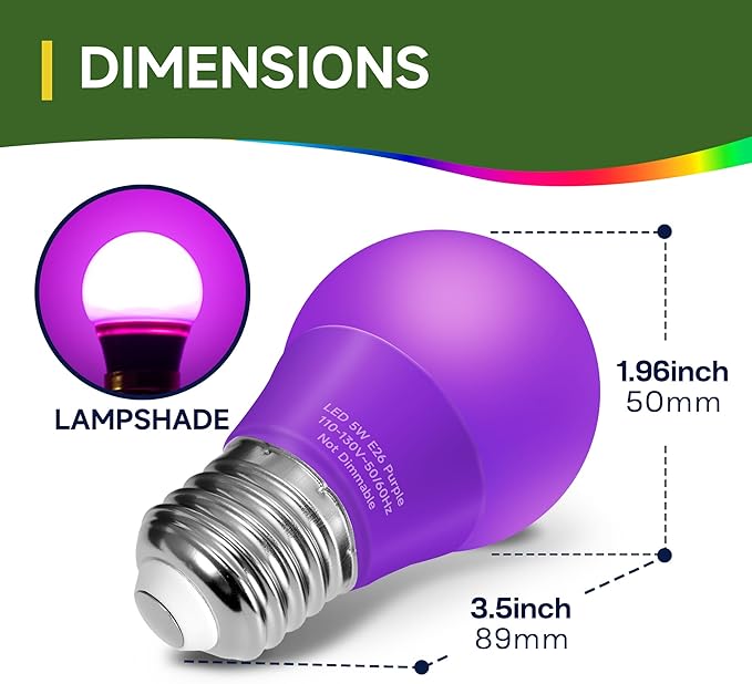 LED Purple Light Bulb, 40W Equivalent LED A15 Bulb, E26 Medium Base Bulb for Halloween, Christmas, Party, Bar, Holiday Lighting, Non-Dimmable, 2 Packs