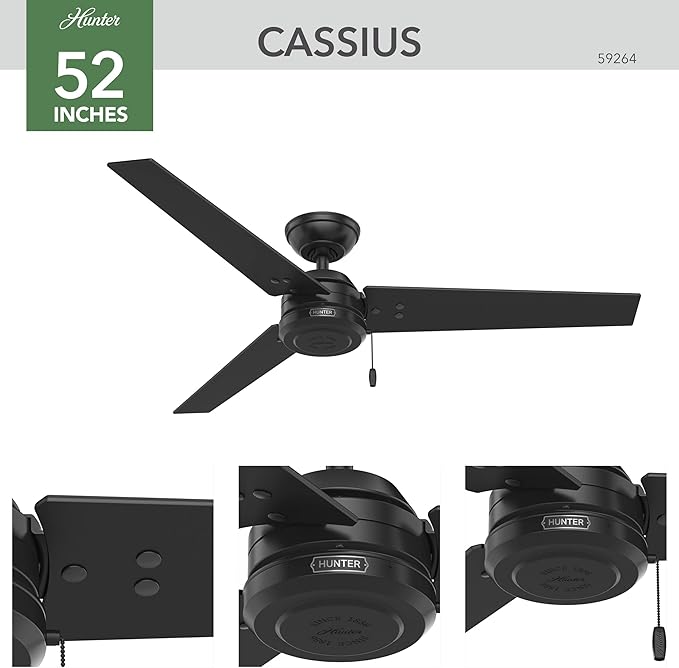 Hunter 52 inch Outdoor or Indoor Ceiling Fan No Light - Black Ceiling Fan without Light, For Patio, Porch, Garage, or Living Room, Standard Mount, 3 Blades, Pull Chain - Cassius 59264, Matte Black