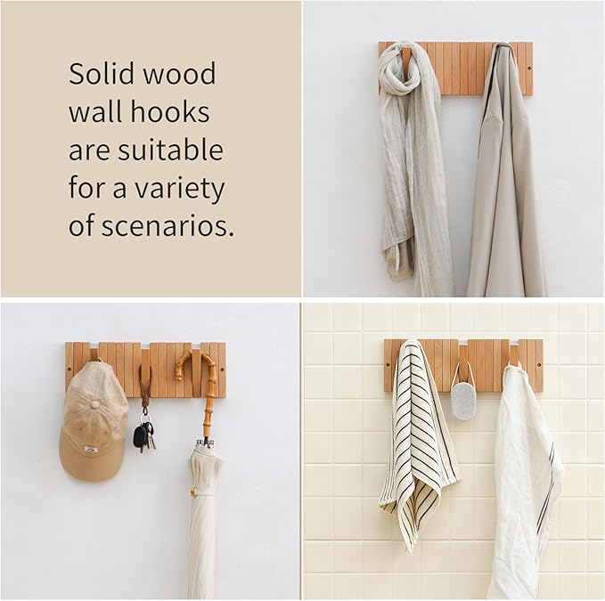 Coat & Hat Hooks Wall Mount with Key Holder, Wall Mounted Coat Rack with 9 Retractable Hangers, Solid Wood Slim Key Holder for Entryway, 17in Natural Finish