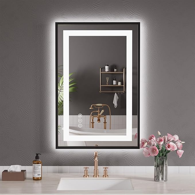 LED Bathroom Mirror,20"x28" Led Mirror with Black Frame, Front Light and Backlit, Stepless Dimmable, Anti-Fog, Shatter-Proof, Memory, 3 Colors, Double LED Vanity Mirror