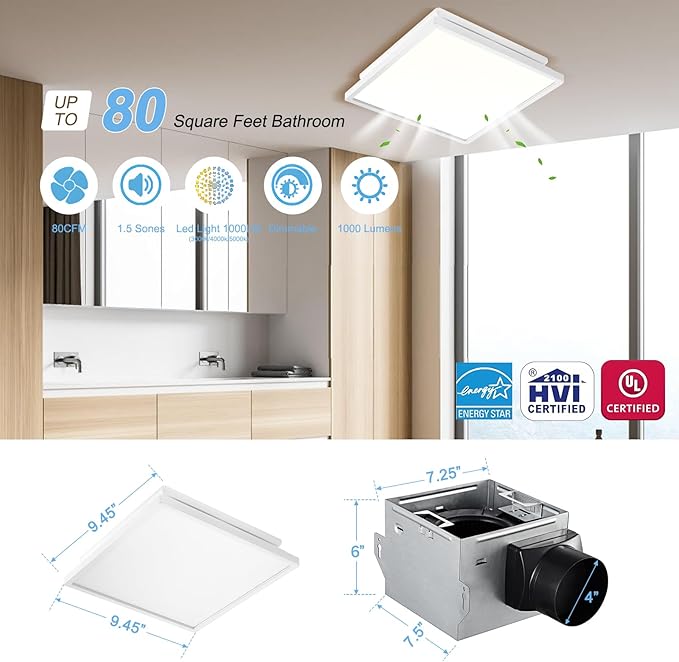 Tech Drive Bathroom Exhaust Fan with Light, 80 CFM, Super Quiet 1.5 Sone Bathroom Fan with Light, 1000lm Dimmable 3CCT LED Light 3000K/4000K/5000K Selectable, Energy Star Ventilation Fan, White