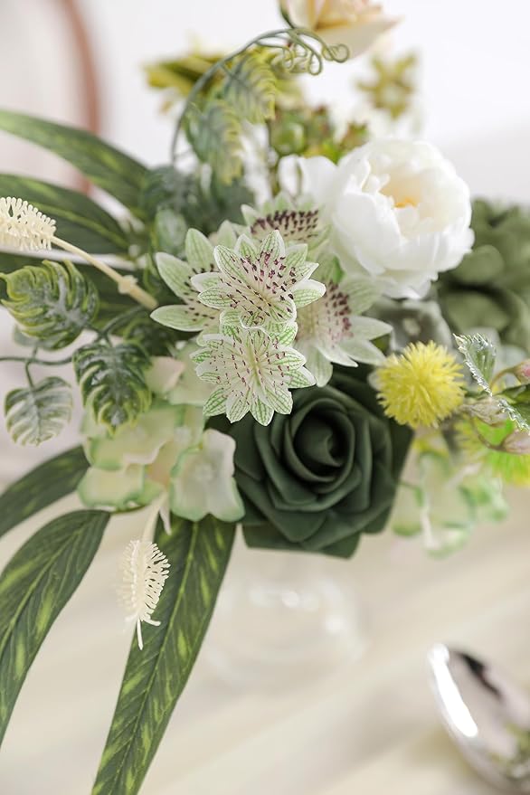 Forest Green Artificial Flowers Combo Box Set Silk Flowers Fake Rose for DIY Floral Arrangements Wedding Bouquets Centerpieces Baby Shower Party Home Decorations