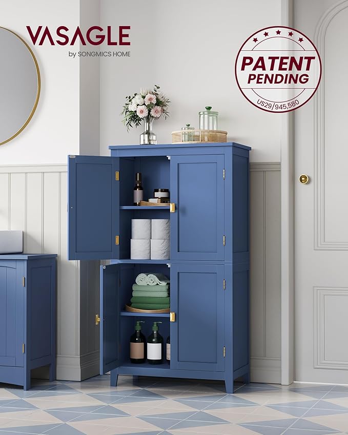 VASAGLE Floor Storage Cabinet, Freestanding Storage Unit with 4 Doors, Adjustable Shelves, 11.8 x 23.6 x 43.3 Inches, for Entryway, Bathroom, Harbor Blue UBBC552Q01
