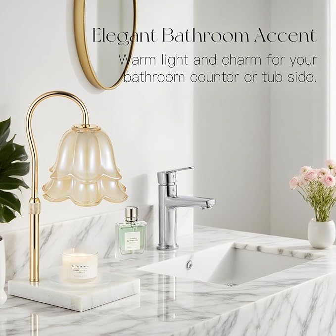 Candle Warmer Lamp with Timer: Flower Candle Warming Lamp with Marble Base Height Adjustable Wax Warmer Dimmable Modern Kitchen Bathroom Decor Mom Birthday Gift for Grandma