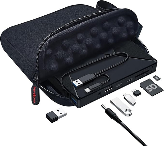 PeroBuno External CD DVD Drive, USB 3.0 Optical Disc Drive, 4 USB Ports and 2 TF/SD Card Slots, CD DVD Burner Writer Reader Player for Laptop MacBook PC Windows 11/10/8/7 Linux OS with Carrying Case