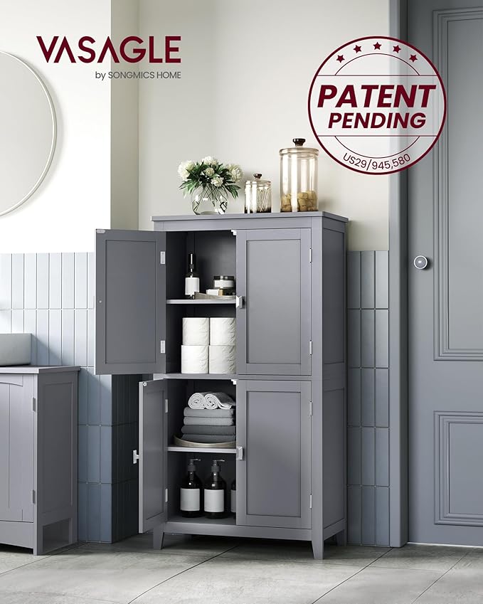 VASAGLE Floor Storage Cabinet, Freestanding Storage Unit with 4 Doors, Adjustable Shelves, 11.8 x 23.6 x 43.3 Inches, for Entryway, Bathroom, Dove Gray UBBC552P36