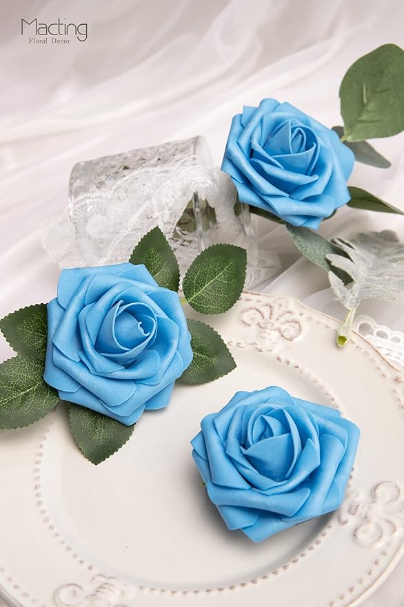MACTING Artificial Flower Roses 30PCS Real Touch Fake Foam Roses with Stem Fake Flowers for DIY Wedding Bridal Bouquets Party Baby Shower Home Indoor Outdoor Spring Mothers Day Decor(Dark Teal Blue)
