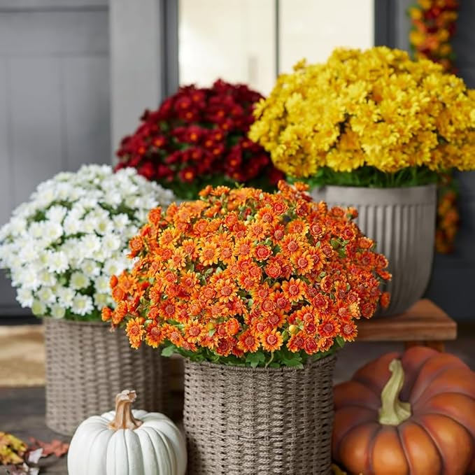 Artificial Mums for Outdoors, Faux Sunset Mum Flowers Planters for Indoor Outside Decor, Fake Look Real, Vibrant, UV Resistant, Waterproof, Windproof (Pink, 5 Bundle)