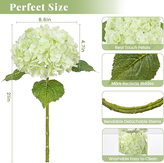 MARTINE MALL 4Pcs 21in Hydrangea Artificial Flowers, Latex Real Touch Hydrangeas Lifelike Large Hydrangea Flowers for Home Decor Party Arrangements Wedding Bouquets Centerpieces (2White&2Light Green)