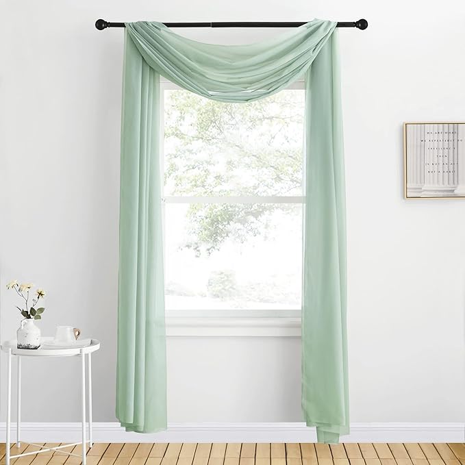 NICETOWN Voile Sheer Scarf Valances for Windows, 216" Extra Long Window Dressings for Anniversary/Wedding Design, Sage Green, 60" Wide, 2 Pieces