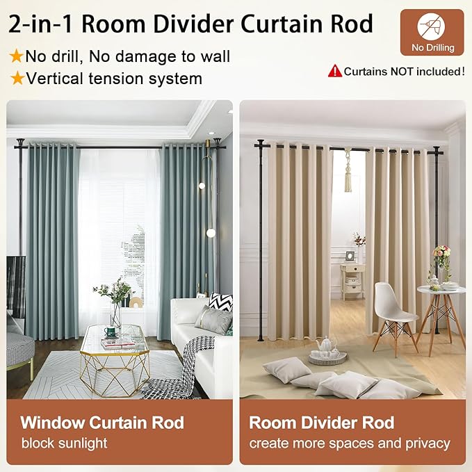 Room Divider, No Drilling Curtain Rod Wall Divider for Space Partition, Adjustable 4-10ft(H) 28-70inch(W) Heavy Duty Floor to Ceiling Tension Rod Dividers Temporary Privacy Separator Window Rods Black