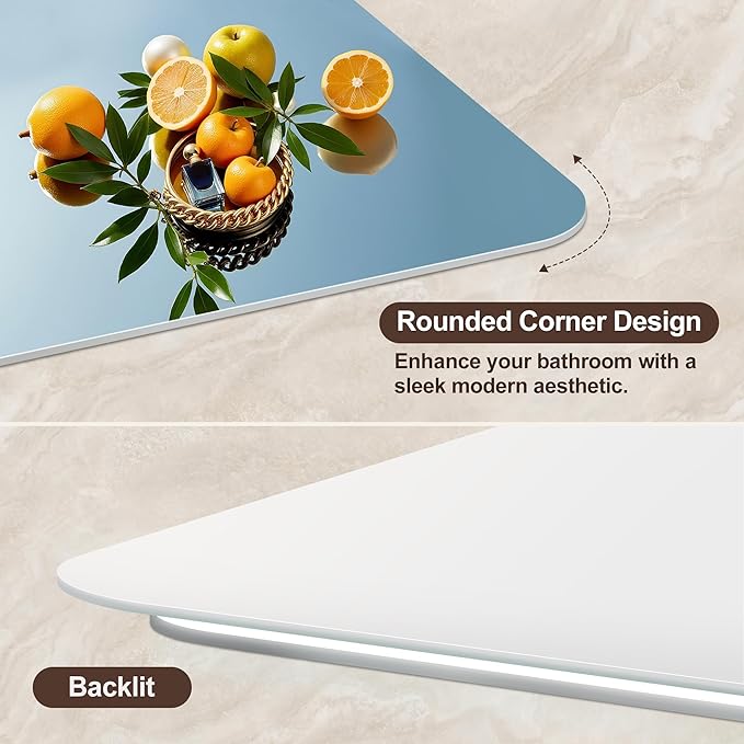 40‘’x30'' Lighted Mirrors for Bathroom Wall Backlit Rectangular Rounded Corners, LED Bathroom Mirror Frameless with Lights Anti Fog, Dimmable, 3 Colors,Tempered Glass, Shatter-Proof (Color 2)