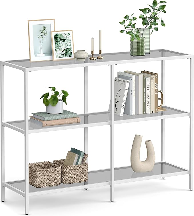VASAGLE 39.4 Inch Console Table with 3 Shelves, Sofa Tables, Modern Entryway Table, Metal Frame, Tempered Glass Shelf, Entryway Living Room Bedroom, Pearl White and Slate Gray ULGT027W01