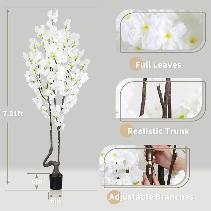7.2 ft White Artificial Cherry Blossom Tree for Home Decor, Nearly Nature Faux Silk Flower Tree Indoor, Fake Realistic White Flowering Plant for Living Room Wedding Office Decorations