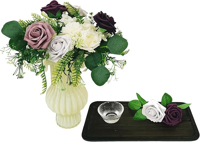 Artificial Fake Flowers 25pcs Roses, Shade of Dark Purple Foam Rose Faux Flower for DIY Wedding Bouquet Bridal Shower Centerpieces Floral Arrangements Party Table Home Decorations