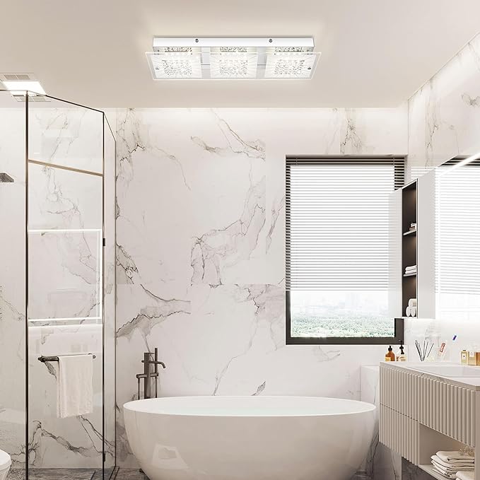 Crystal Flush Mount Ceiling Light Long Kitchen Lighting Fixtures Ceiling Rectangular Crystal Ceiling Light Fixture for Entryway, Foyer, Hallway, Bathroom, Brush Nickle 18 Inch, 18W Dimmable