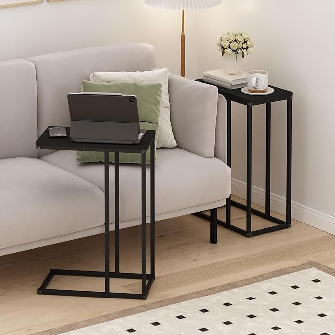 Furinno CAMNUS Side Table Set of 2, C-Shape Sofa End Table for Couch, Metal Frame Night Stand, Bedside Table, for Living Room, Bedroom, Americano