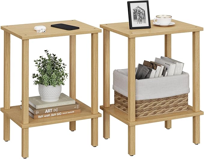 TUTOTAK End Table, Set of 2, Side Table, Nightstand, 2-Tier Storage Shelf, Sofa Table for Small Space, Living Room, Bed Room, Natural TB01BN035