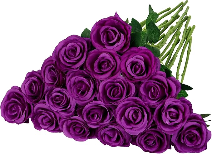 Ouddy Decor 20 Pcs Red Roses Artificial Silk Flowers Fake Roses Bouquet with Long Stems for Valentines Day Decor Wedding Home Party Table Centerpieces Bridal Bouquet DIY Floral Arrangment, Purple