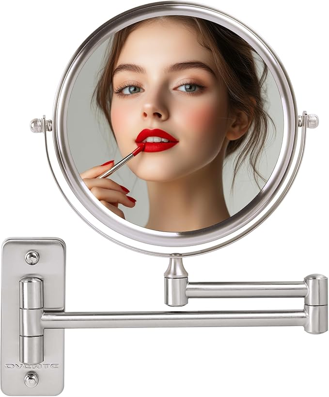 OVENTE 7" Wall Mounted Makeup Mirror with 1X/10X Magnification, Double Sided Magnifying Round Bathroom Vanity Mirror, 360° Swivel Design, Extendable and Folding Arm, Nickel Brushed MNLFW70BR1X10X