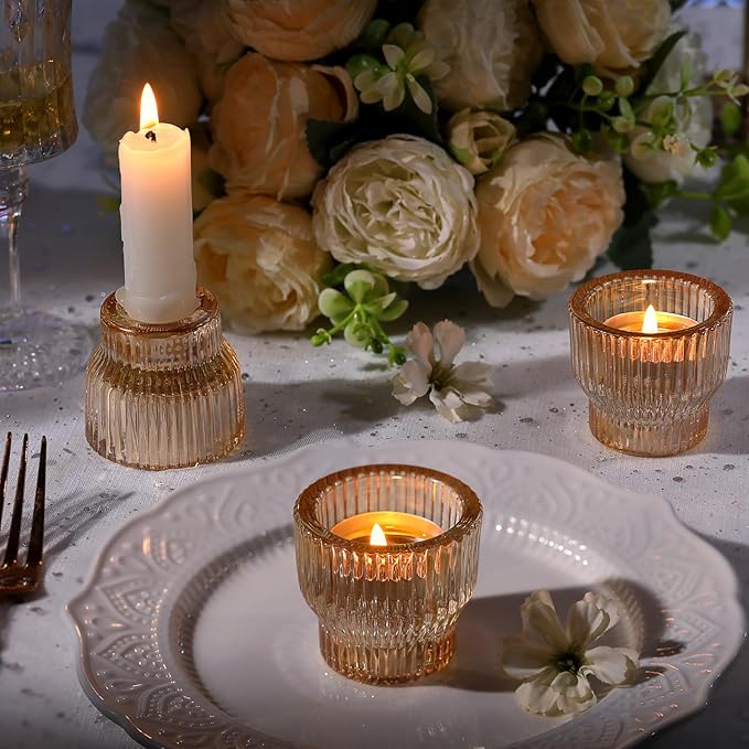 12pcs Gold Glass Candlestick Holders, Taper Candle Holders Tea Light Candle Holder for Wedding Centerpieces Table Decorations, Votive Candle Holders for Table Decor