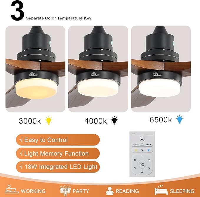 Sofucor 52 Inch Ceiling Fan with Lights and Remote, Low Profile Flush Mount Modern Wood Ceiling Fan for Indoor Bedroom Living Room Farmhouse Outdoor Patio Porch, Reversible DC Motor, Brown